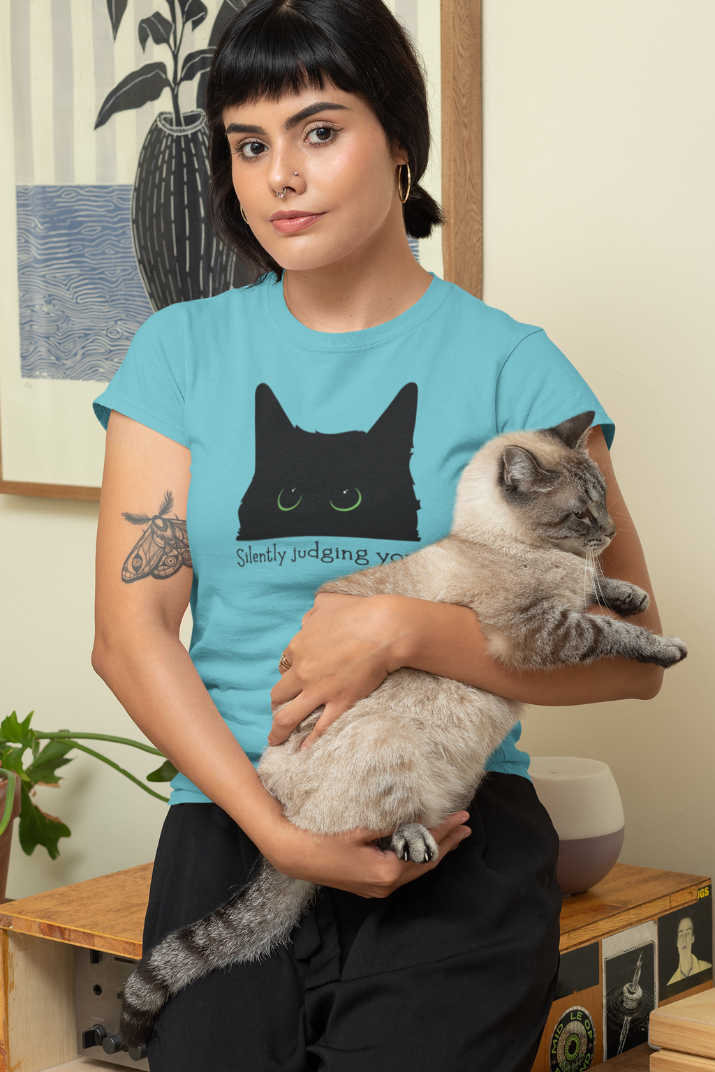 Silently Judging You Black Cat Face Tee Shirt