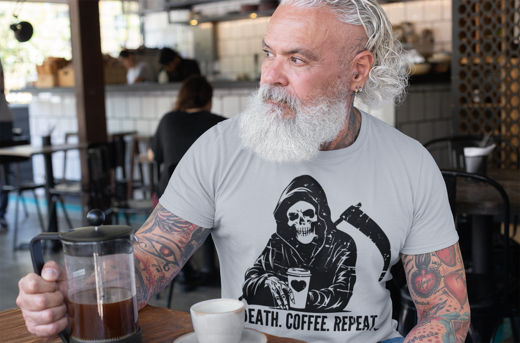 Death Coffee Repeat Grim Reaper Motto Tee Shirt